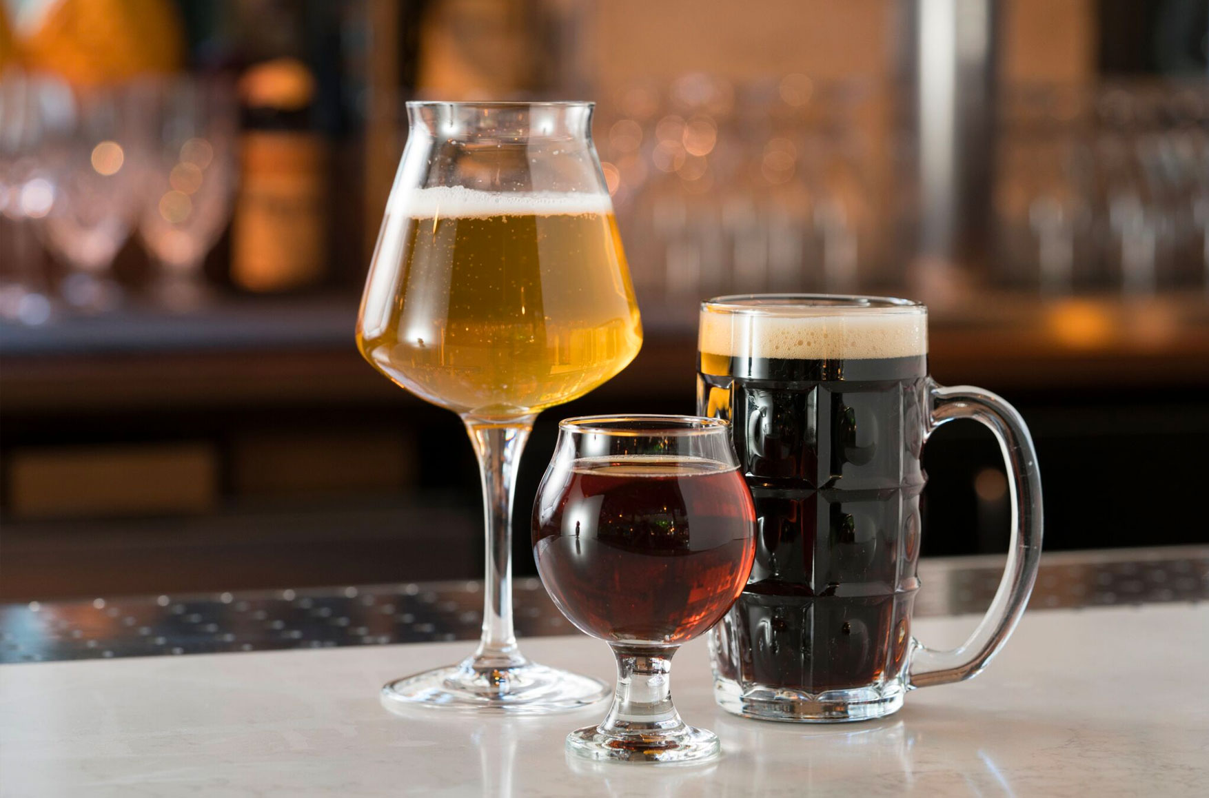 Amber Beer, three beer glasses